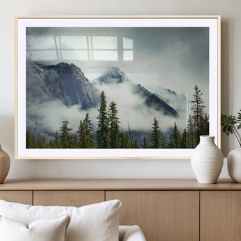 93219-MGC-FP-36x24_Natural-Misty Mountain Wall Art – Foggy Pines and Rocky Peaks Canvas Print, Nature Landscape Decor for Living Room, Office or Bedroom