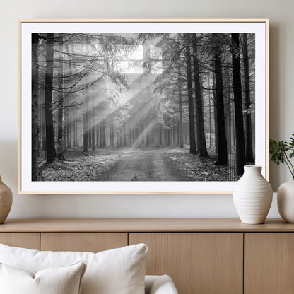 39665-MGV-CV-36X24-Black and White Forest Path Wall Art – Sunlight Rays in Trees Canvas Print, Nature Landscape Decor for Living Room or Office