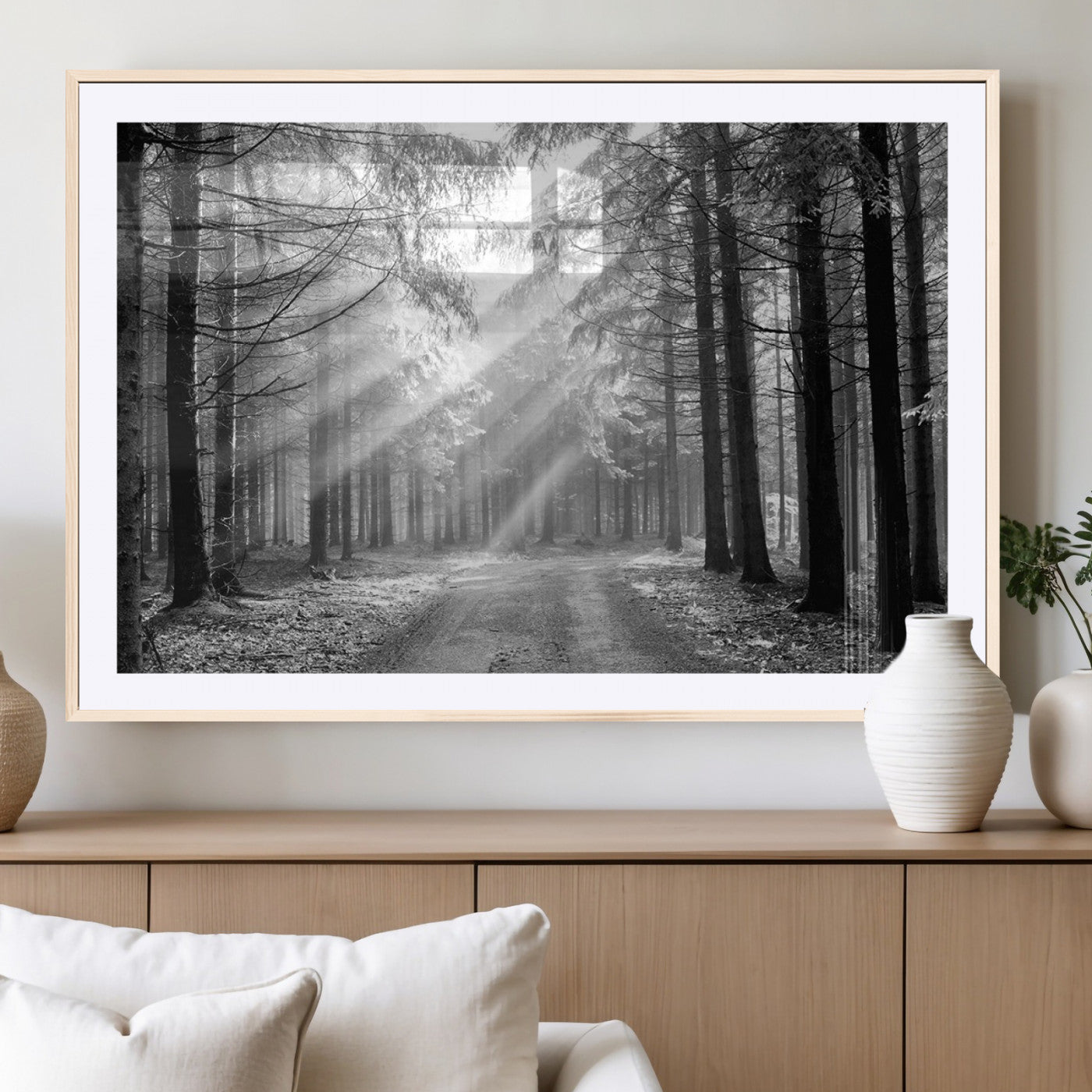 39665-MGC-FP-36x24_Natural-Black and White Forest Path Wall Art – Sunlight Rays in Trees Canvas Print, Nature Landscape Decor for Living Room