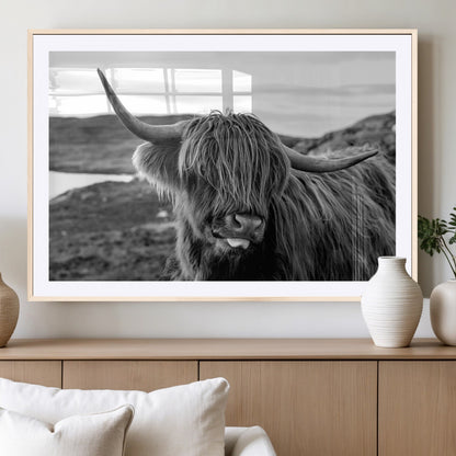 83810-MGC-FP-36x24_Natural-Highland Cow Wall Art – Black and White Highland Cattle Print, Rustic Farmhouse Animal Decor for Living Room