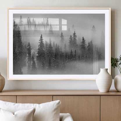 57235-MGC-FP-36x24_Natural-Misty Pine Forest Wall Art – Black and White Mountain Landscape Canvas Print, Nature Woodland Decor for Living Room, Bedroom or