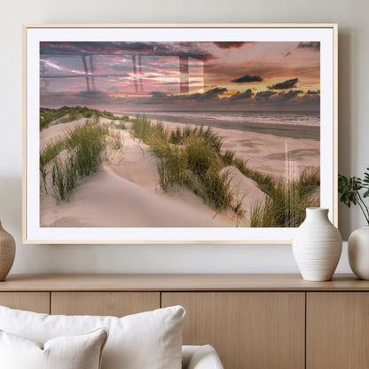60570-MGC-FP-36x24_Natural-Beach Sunset Wall Art – Coastal Sand Dunes and Ocean Horizon Canvas Print, Tranquil Seascape Photography Decor for Living Room or