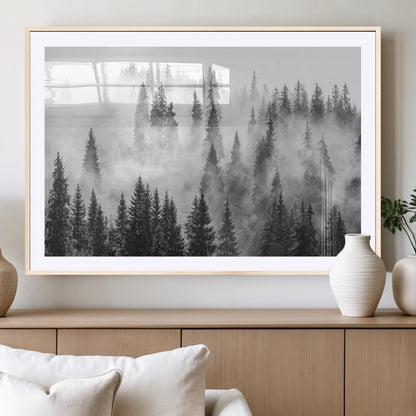 10422-MGC-FP-36x24_Natural-Misty Pine Forest Wall Art – Black and White Foggy Landscape Canvas Print, Serene Nature Woodland Decor for Bedroom, Office or