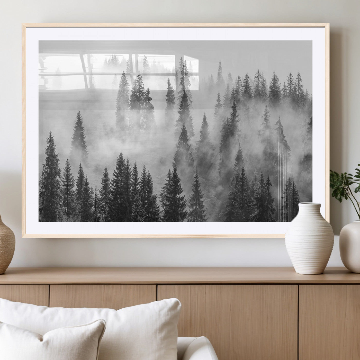 10422-MGV-CV-36X24-Misty Pine Forest Wall Art – Black and White Foggy Landscape Canvas Print, Serene Nature Woodland Decor for Bedroom, Office or