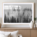 10422-MGV-CV-36X24-Misty Pine Forest Wall Art – Black and White Foggy Landscape Canvas Print, Serene Nature Woodland Decor for Bedroom, Office or