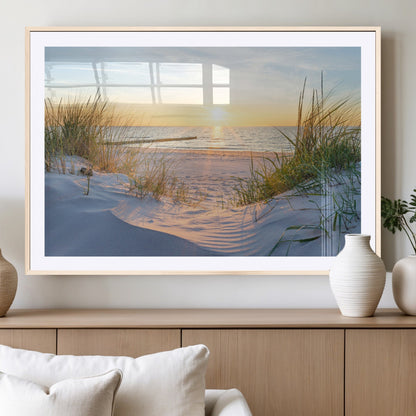 48907-MGC-FP-36x24_Natural-Beach Sunset Wall Art – Coastal Sand Dunes and Ocean View Canvas Print, Serene Seaside Landscape Painting for Living Room, Bedroom