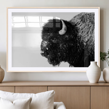68780-MGC-FP-36x24_Natural-Bison Close-Up Wall Art – Black and White Buffalo Canvas Print, Rustic Wildlife Photography Decor for Living Room, Office, or