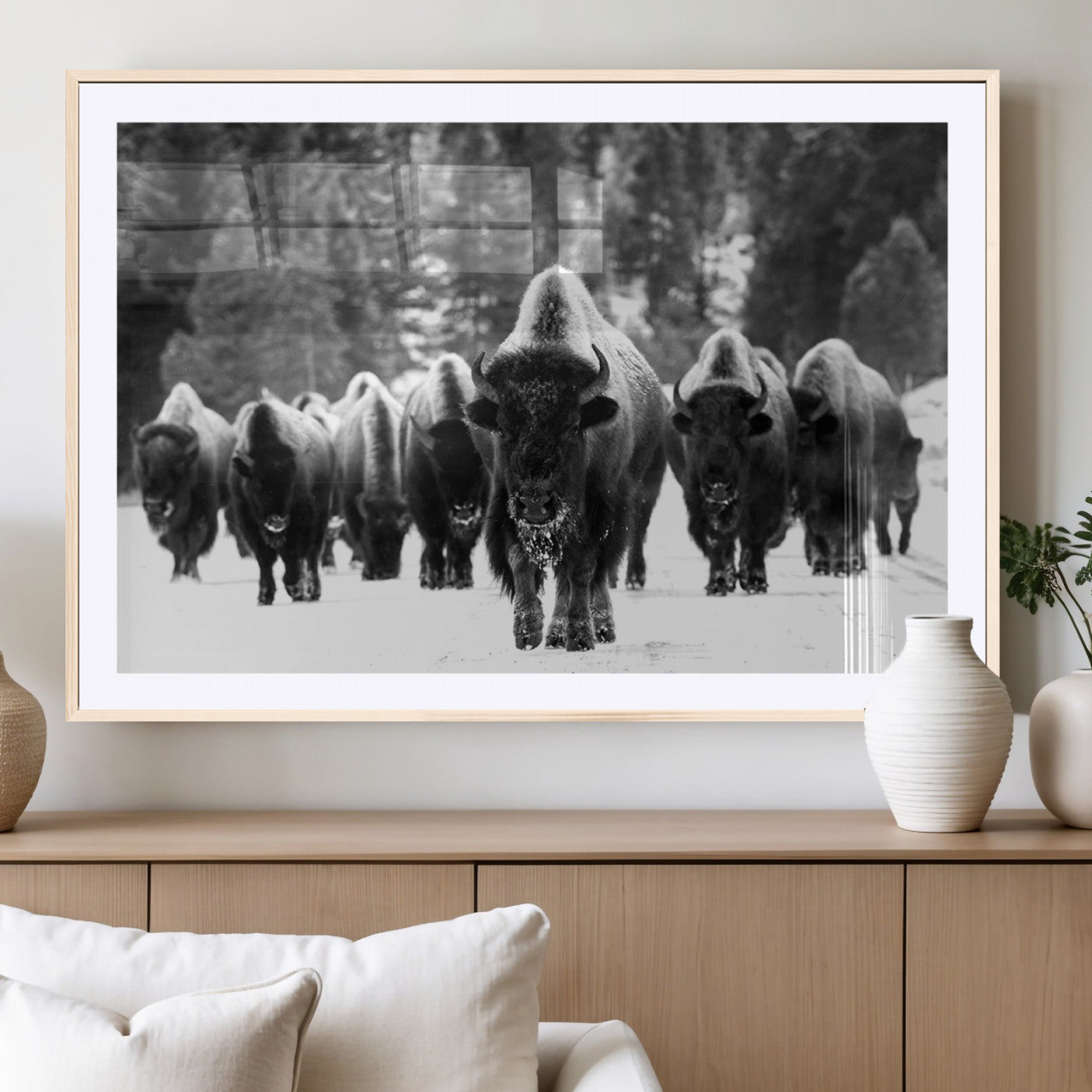 62434-MGV-CV-36X24-Bison Herd Wall Art – Majestic Black and White Buffalo Canvas Print, Wildlife Nature Photography Decor for Living Room, Office or