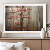 61855-MGC-FP-36x24_Natural-Misty Forest Wall Art – Red Tree with Autumn Leaves Canvas Print, Moody Woodland Nature Decor for Living Room, Bedroom, or Office