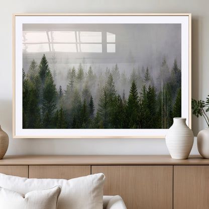 11436-MGC-FP-36x24_Natural-Misty Forest Wall Art – Tranquil Evergreen Tree Canvas Print with Foggy Landscape, Nature Inspired Artwork for Bedroom, Living