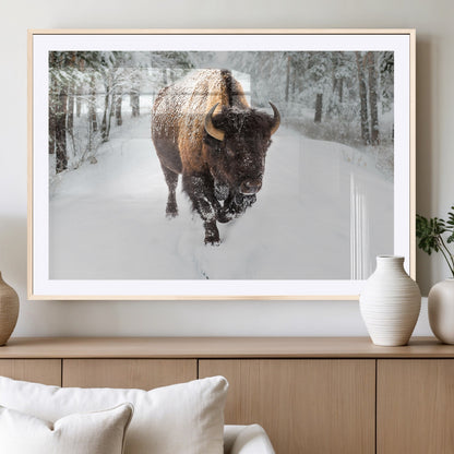 84699-MGC-FP-36x24_Natural-Bison in Winter Wall Art – Majestic Buffalo Canvas Print with Snowy Forest Landscape, Rustic Wildlife Artwork for Cabin, Living