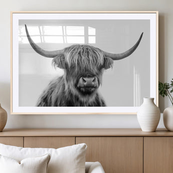 10123-MGC-FP-36x24_Natural-Black and White Highland Cow Wall Art – Modern Farmhouse Animal Print, Rustic Scottish Bull Canvas Decor for Living Room, Bedroom,