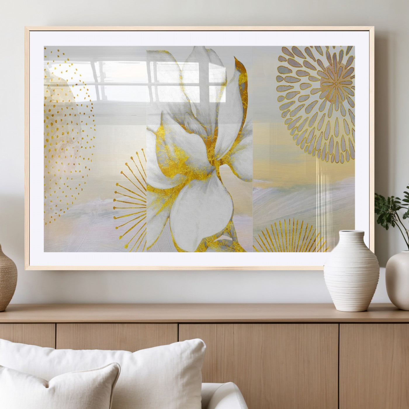 82301-MGC-FP-36x24_Natural-Modern Floral Wall Art – White Flower with Gold Detailing Canvas Print, Elegant Abstract Artwork for Living Room, Bedroom, or