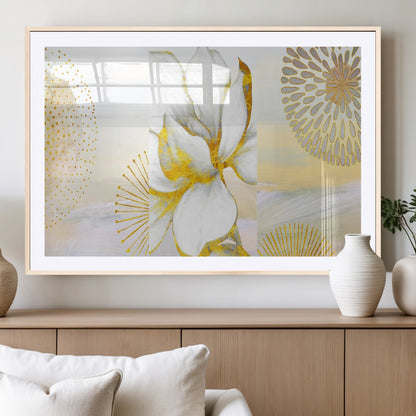 82301-MGC-FP-36x24_Natural-Modern Floral Wall Art – White Flower with Gold Detailing Canvas Print, Elegant Abstract Artwork for Living Room, Bedroom, or