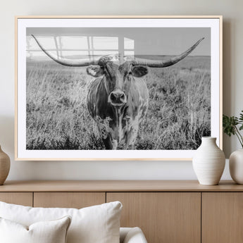 77320-MGC-FP-36x24_Natural-Texas Longhorn Wall Art – Black and White Western Cattle Canvas Print, Rustic Farmhouse Animal Photography Decor for Living Room,