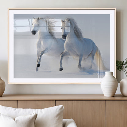 80145-MGV-CV-36X24-White Horses Running Snow Wall Art – Majestic Equine Canvas Print, Winter Nature Photography Decor for Living Room, Office,