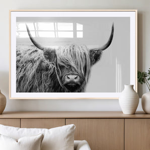51957-MGV-CV-36X24-Highland Cow Wall Art – Black and White Scottish Highland Bull Canvas Print, Rustic Farmhouse Animal Decor for Living Room,