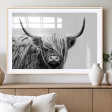 51957-MGV-CV-36X24-Highland Cow Wall Art – Black and White Scottish Highland Bull Canvas Print, Rustic Farmhouse Animal Decor for Living Room,