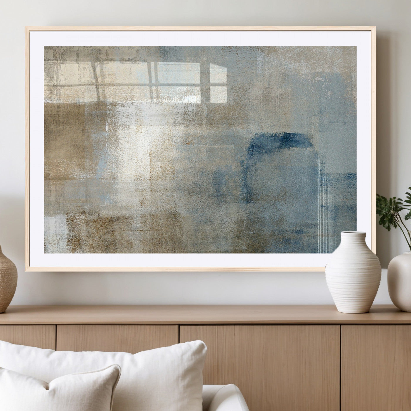 38126-MGC-FP-36x24_Natural-Neutral Abstract Wall Art – Modern Beige and Blue Canvas Print and Minimalist Textured Painting for Living Room, Bedroom or Office