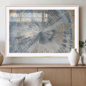 17631-MGC-FP-36x24_Natural-Radiant Burst Wall Art – Abstract Sunburst Canvas Print in Blue and Gold, Modern Geometric Painting for Living Room, Office or