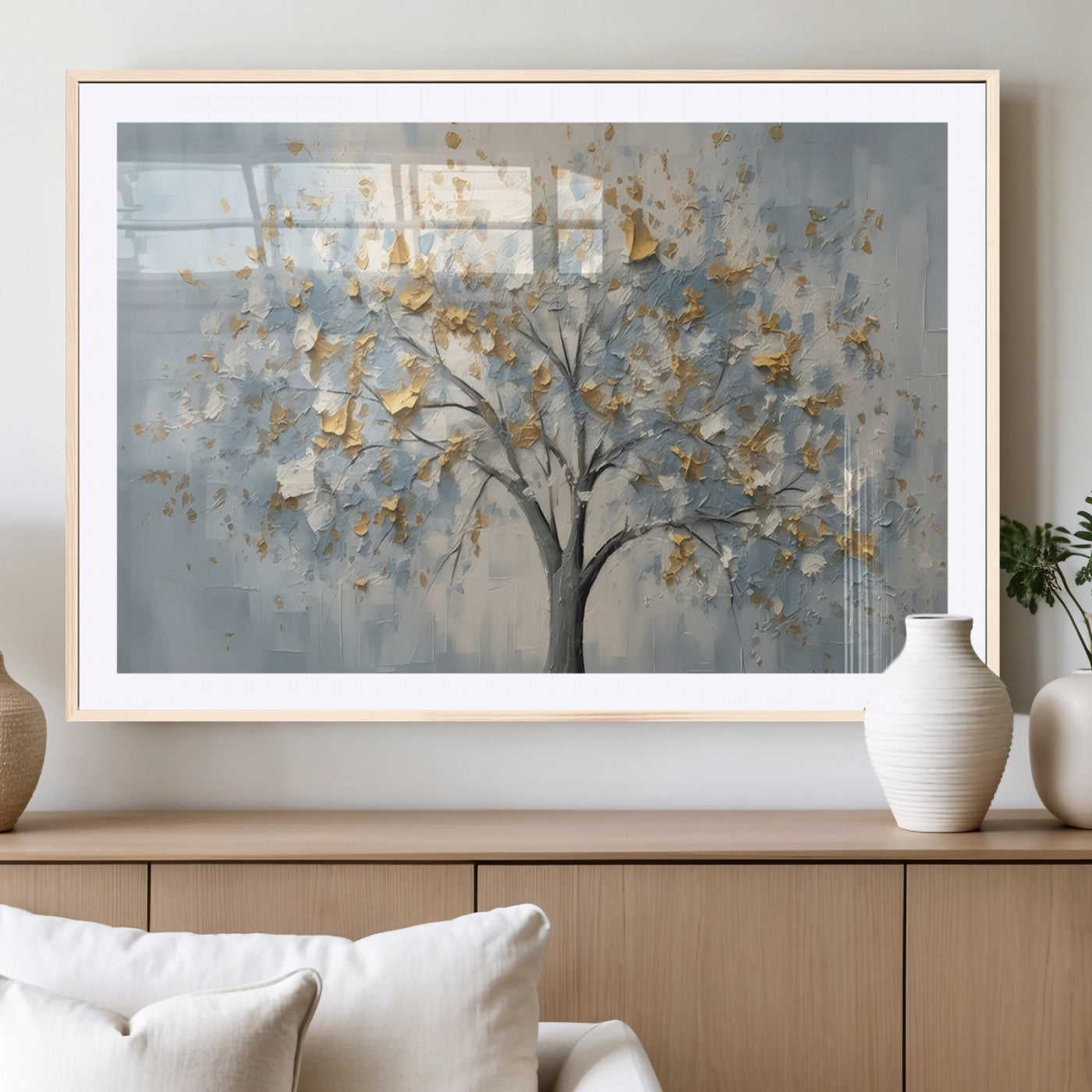 65811-MGC-FP-36x24_Natural-Abstract Tree Wall Art – Textured Canvas Painting with Gold and White Leaves, Modern Nature Inspired Decor for Living Room or