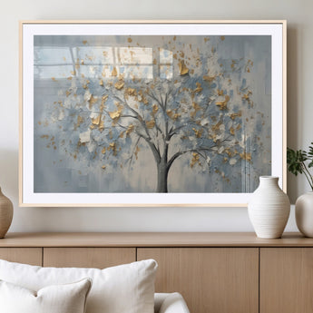 65811-MGC-FP-36x24_Natural-Abstract Tree Wall Art – Textured Canvas Painting with Gold and White Leaves, Modern Nature Inspired Decor for Living Room or
