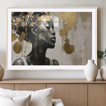 65669-MGV-CV-36X24-Elegant Black Woman Wall Art – Modern Abstract Portrait Canvas with Gold Accents, Contemporary Afrocentric Decor for Living Room