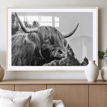 61570-MGC-FP-36x24_Natural-Highland Cow Wall Art – Black and White Scottish Bull Canvas Print, Rustic Farmhouse Animal Decor for Living Room, Bedroom, or