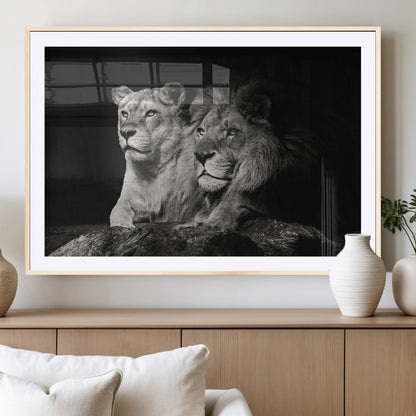 80013-MGV-CV-36X24-Lion and Lioness Wall Art – Black and White Wildlife Photography Canvas Print, African Safari Animal Decor for Office, Bedroom, or