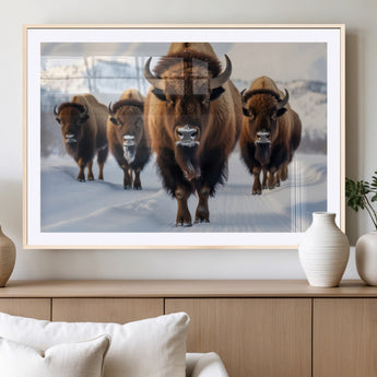 56701-MGV-CV-36X24-Bison Herd Wall Art – Buffalo Walking in Snowy Mountains Canvas Print, Rustic Wildlife Decor for Cabin, Lodge, or Living Room
