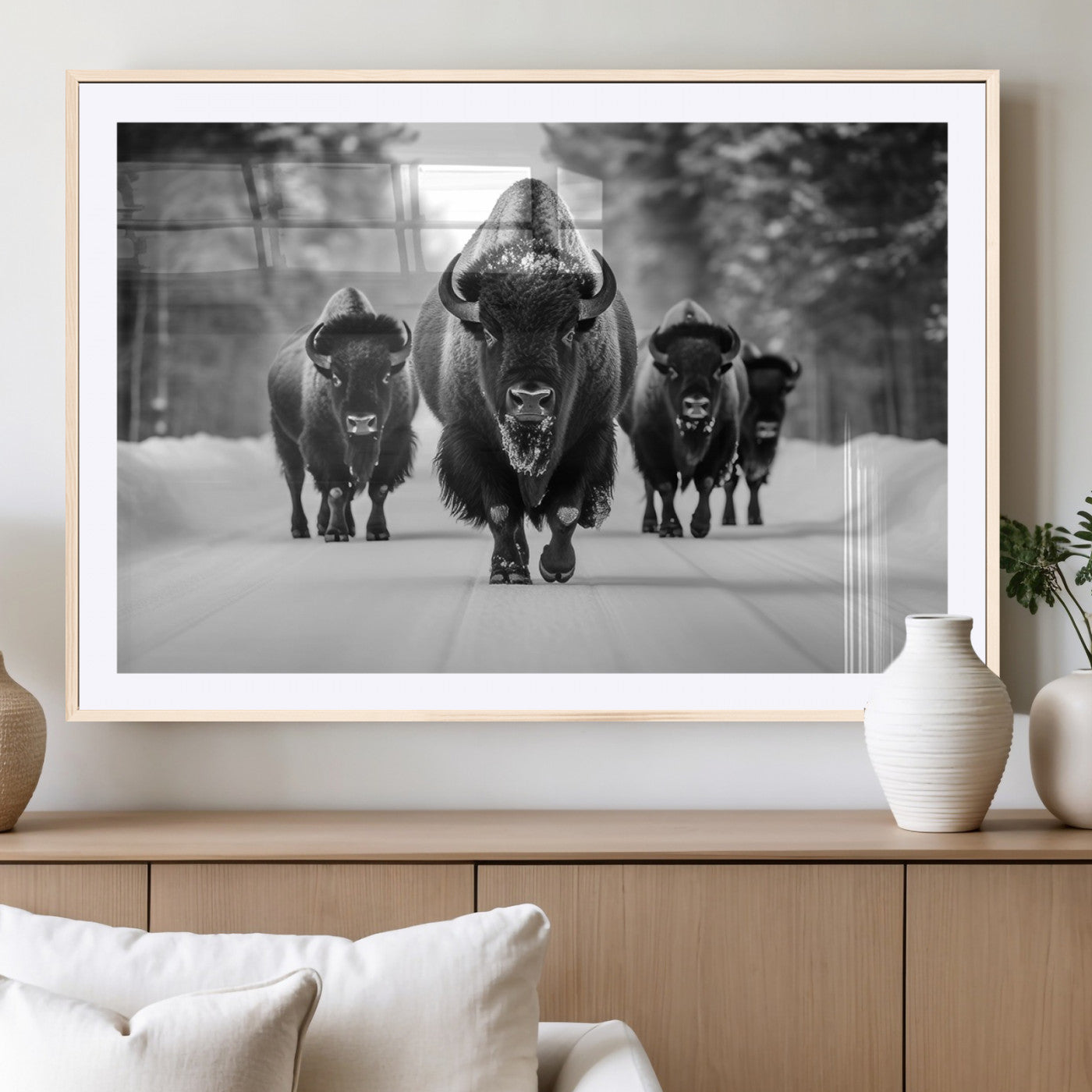 45287-MGV-CV-36X24-Bison Herd Wall Art – Black and White Buffalo Snow Road Canvas Print, Rustic Wildlife Decor for Cabin, Lodge or Living Room