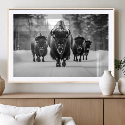 45287-MGV-CV-36X24-Bison Herd Wall Art – Black and White Buffalo Snow Road Canvas Print, Rustic Wildlife Decor for Cabin, Lodge or Living Room