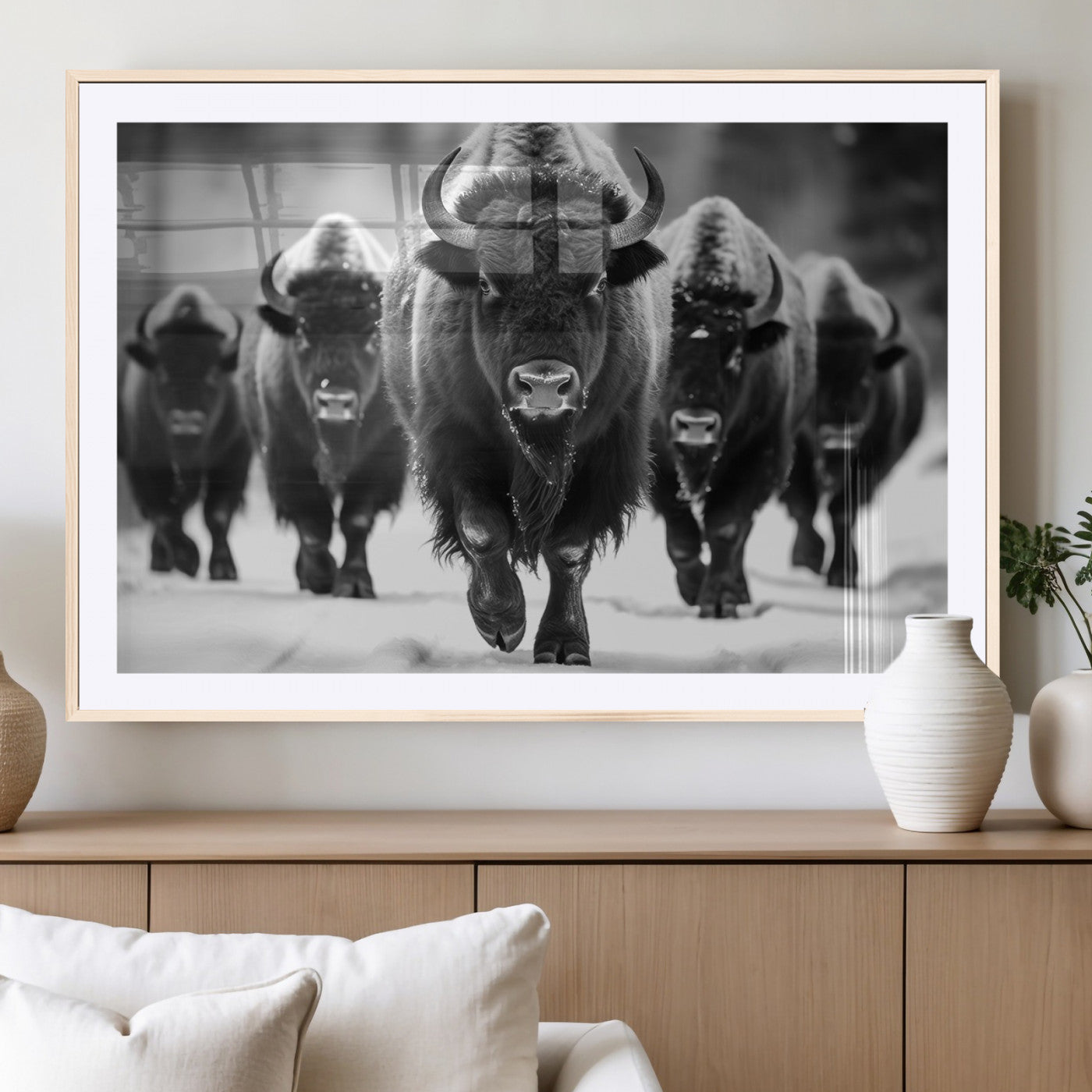 79872-MGV-CV-36X24-Bison Herd Wall Art – Black and White Buffalo on Snow Canvas Print, Rustic Wildlife Decor for Lodge, Cabin, or Living Room