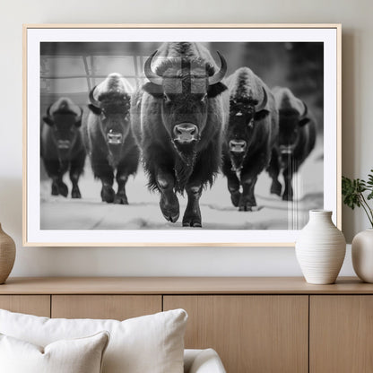 79872-MGV-CV-36X24-Bison Herd Wall Art – Black and White Buffalo on Snow Canvas Print, Rustic Wildlife Decor for Lodge, Cabin, or Living Room