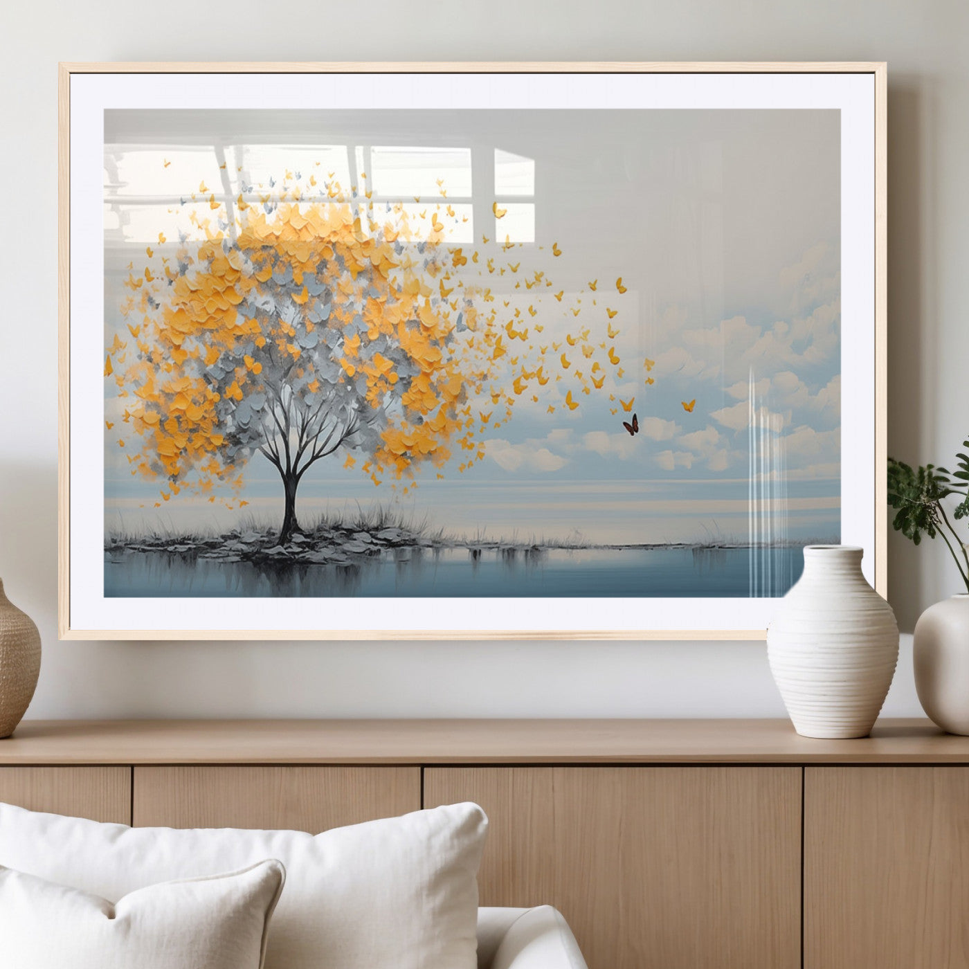 23385-MGV-CV-36X24-Golden Butterfly Tree Wall Art – Abstract Yellow and Gray Canvas Print, Modern Nature Artwork for Living Room, Bedroom or Office