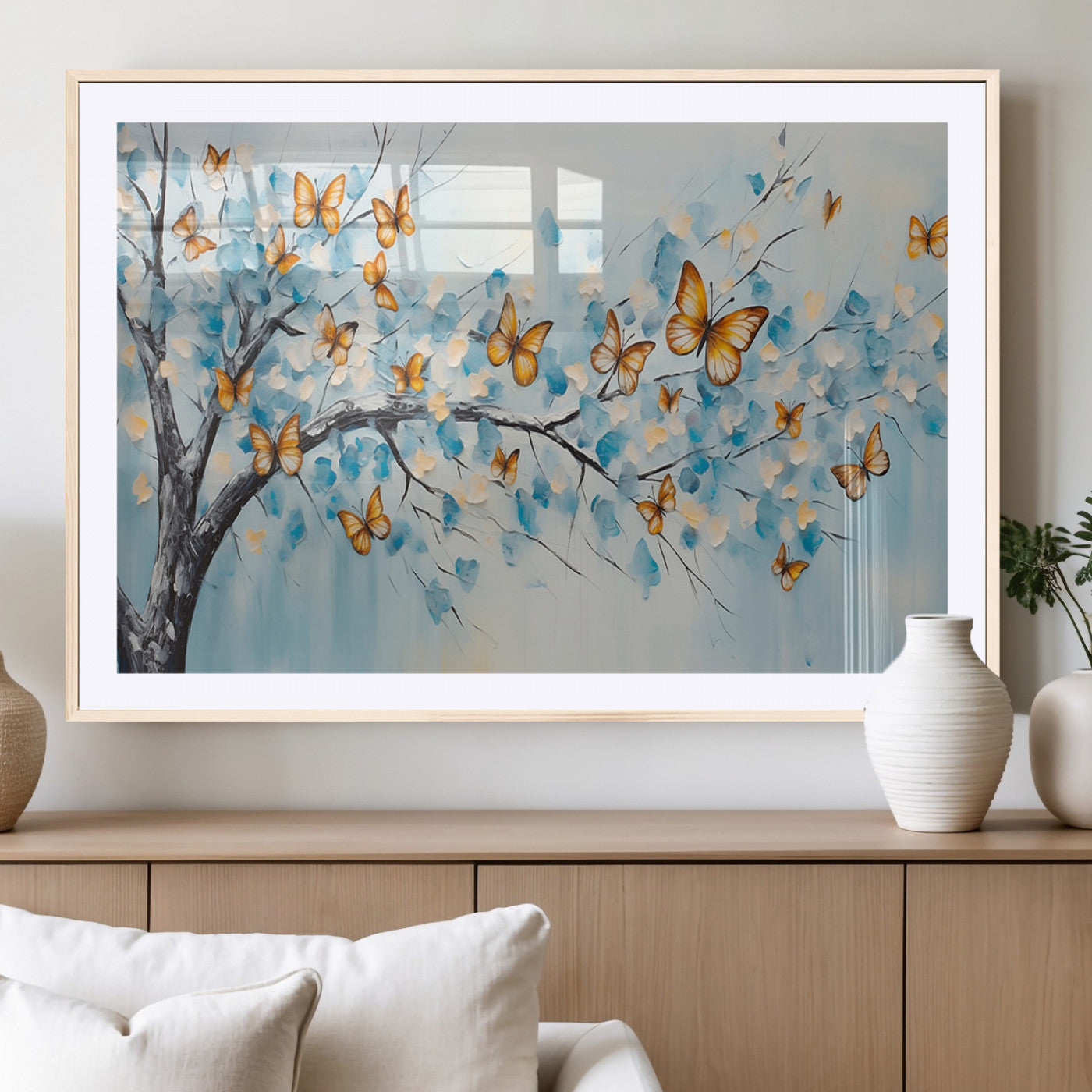 59455-MGV-CV-36X24-Butterfly Tree Branch Wall Art – Blue and Yellow Abstract Canvas Print, Modern Nature Artwork for Living Room, Bedroom or Office