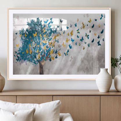 37564-MGV-CV-36X24-Butterfly Tree Wall Art – Modern Nature Canvas Print with Blue and Golden Butterflies, Elegant Decorative Painting for Living Room