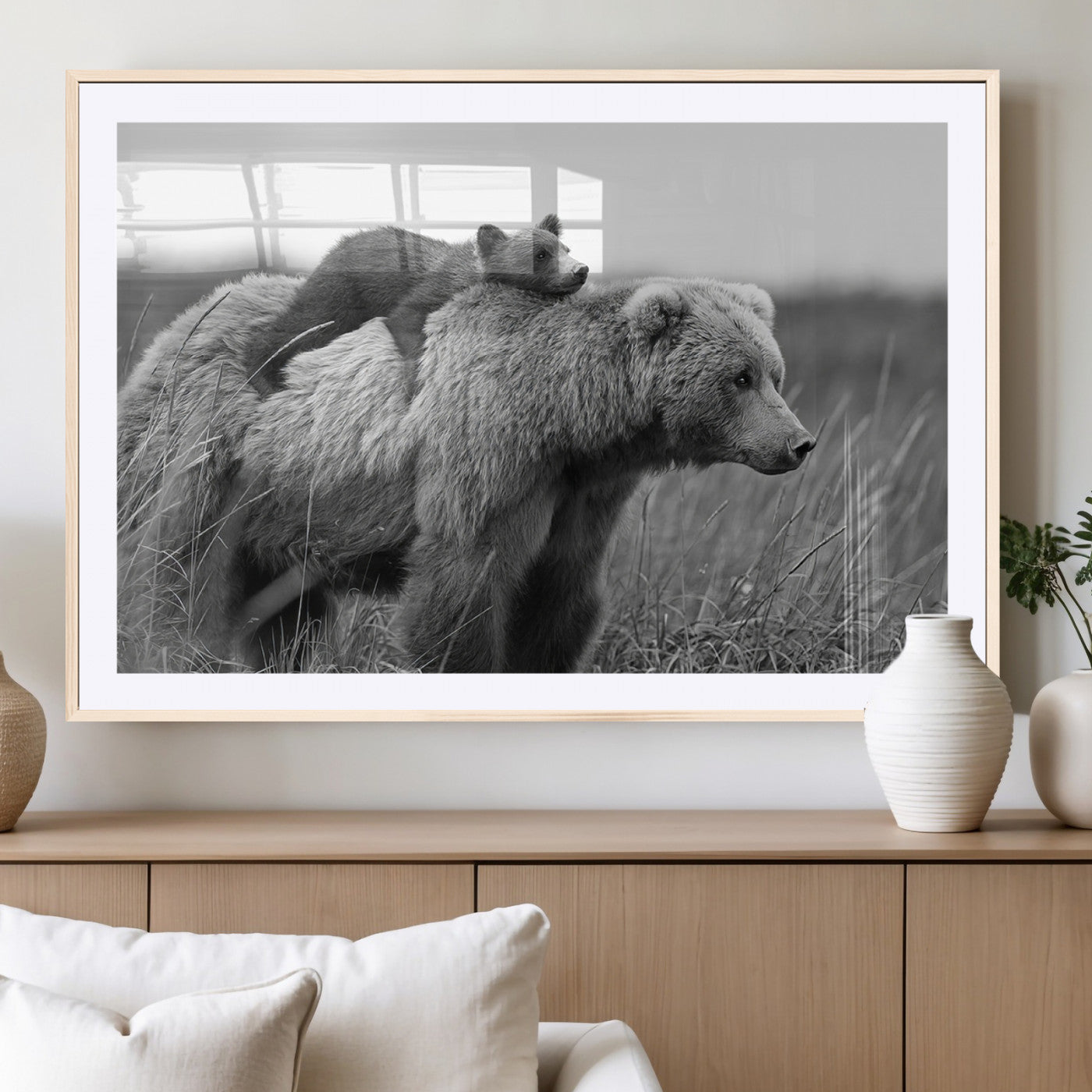 76338-MGV-CV-36X24-Mother Bear and Cub Wall Art – Black and White Wildlife Canvas Print, Rustic Nature Photography for Cabin, Living Room or Office