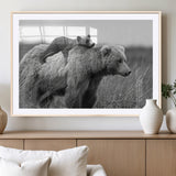 76338-MGV-CV-36X24-Mother Bear and Cub Wall Art – Black and White Wildlife Canvas Print, Rustic Nature Photography for Cabin, Living Room or Office