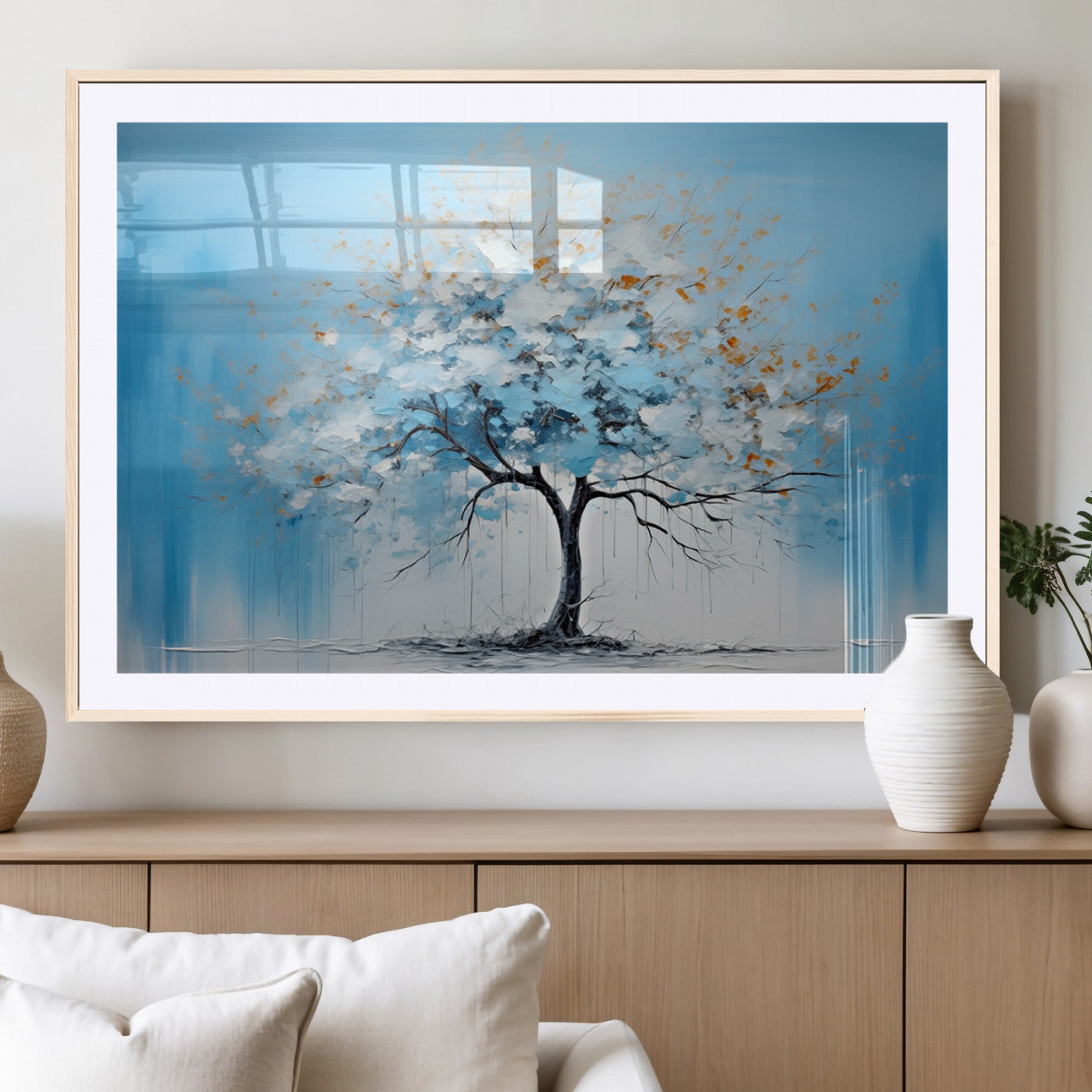 25021-MGV-CV-36X24-Abstract Tree Wall Art – Blue and White Canvas Painting with Gold Accents, Modern Nature-Inspired Artwork for Living Room, Bedroom