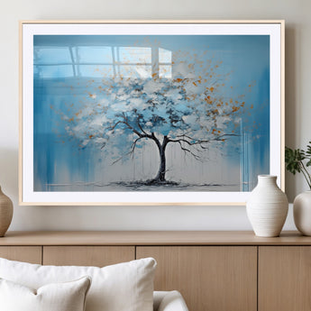 25021-MGV-CV-36X24-Abstract Tree Wall Art – Blue and White Canvas Painting with Gold Accents, Modern Nature-Inspired Artwork for Living Room, Bedroom