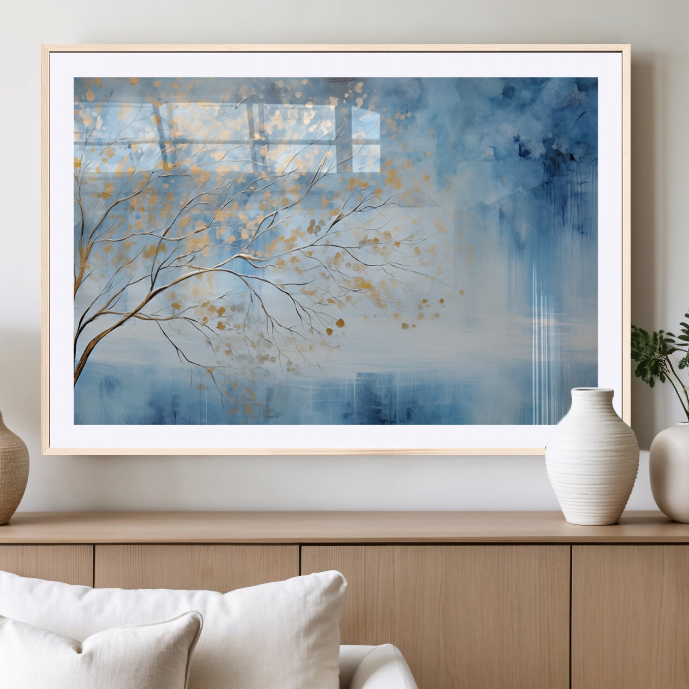 23891-MGV-CV-36X24-Abstract Tree Wall Art – Minimalist Blue and Gold Canvas Painting, Elegant Nature-Inspired Artwork for Living Room, Bedroom or