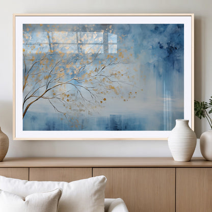 23891-MGV-CV-36X24-Abstract Tree Wall Art – Minimalist Blue and Gold Canvas Painting, Elegant Nature-Inspired Artwork for Living Room, Bedroom or