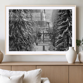 19240-MGV-CV-36X24-Ski Lift Wall Art – Black and White Winter Mountain Canvas Print, Snowy Forest Ski Resort Photography for Cabin, Lodge, Office or