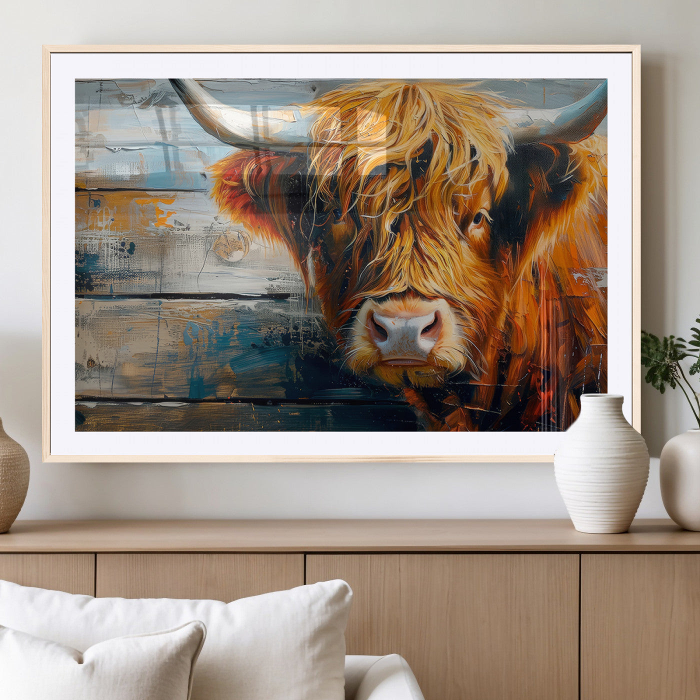 92312-MGV-CV-36X24-Highland Cow Wall Art – Rustic Farmhouse Canvas Print with Colorful Brush Strokes, Western Country Decor for Living Room, Bedroom