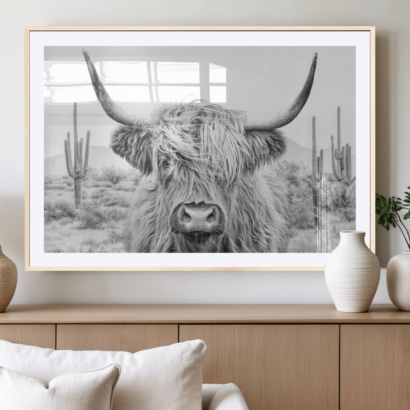 94579-MGC-FP-36x24_Natural-Highland Cow Wall Art – Black and White Longhorn Canvas Print, Rustic Western Farmhouse Animal Photography for Living Room,