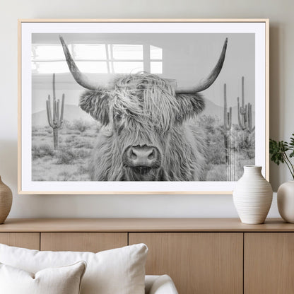 94579-MGC-FP-36x24_Natural-Highland Cow Wall Art – Black and White Longhorn Canvas Print, Rustic Western Farmhouse Animal Photography for Living Room,