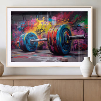 13549-MGC-FP-36x24_Natural-Graffiti Gym Wall Art Canvas Print, Framed Graffiti Barbell Art Picture Print, Weightlifting Perfect Fitness Studio Decor Artwork