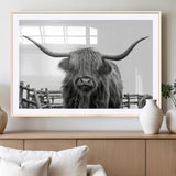 58188-MGC-FP-36x24_Natural-Highland Cow Wall Art – Black and White Rustic Farmhouse Canvas Print, Longhorn Cattle Photography Decor for Living Room or