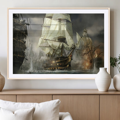 26512-MGV-CV-36X24-Naval Battle Wall Art – Dramatic Tall Ship Canvas Print, Historic Pirate Sailing War Scene, Nautical Decor for Office, Study or